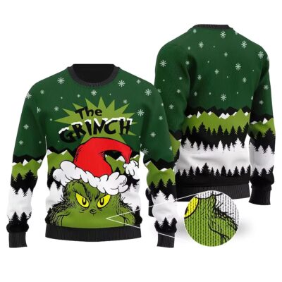 The Grinch With Christmas Hat 3D Ugly Sweater Sweatshirt - The Grinch Store